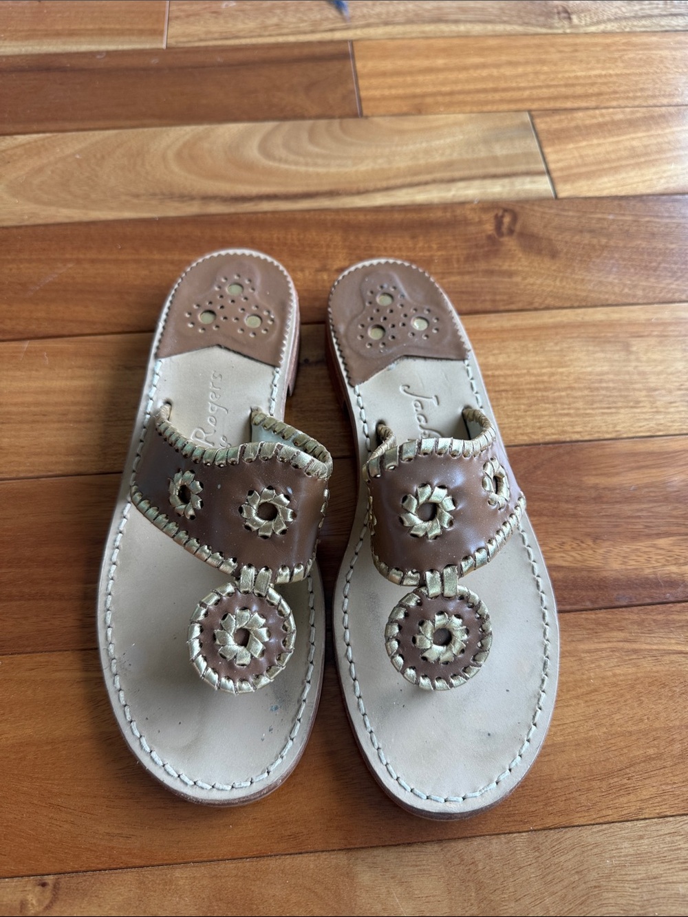 Jack Rogers Brown Leather Whipstitch Slide Sandals